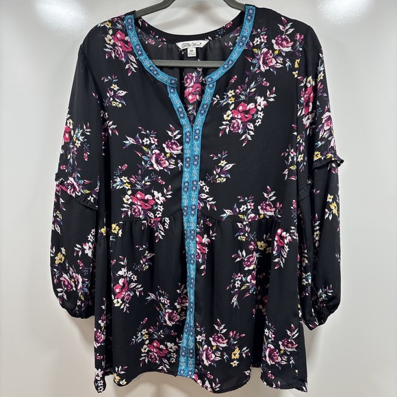 The Pioneer Woman Blouse Size XXL‎ Black Floral Peasant Long Sleeve Top - Picture 1 of 4